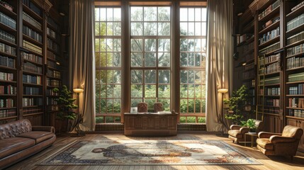 Luxurious home library with large windows and wooden shelves