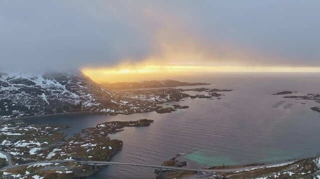 Aerial view of Lofoten Islands beautiful landscape during winter