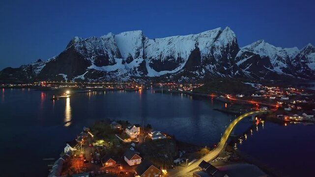 Aerial view of Lofoten Islands beautiful landscape during winter