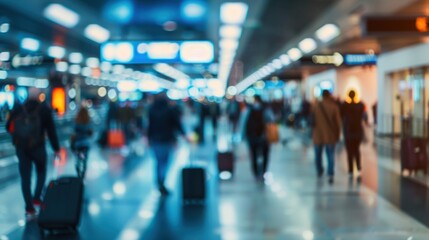 Blurred view of busy travelers walking through an airport terminal
