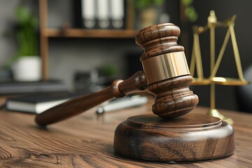 Wooden Gavel and Scales of Justice on a Lawyer's Desk
