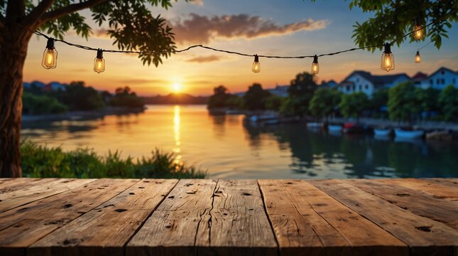 Empty Wood table top with decorative outdoor string lights hanging on trees in the revier nature  at sunset time,