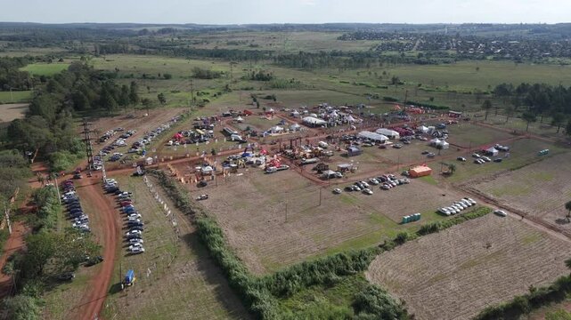 Aerial view of the farmers markets in Misiones Posadas Miguel Lan&uacute;s. Fresh ingredients offered in a forest environment. Argentina