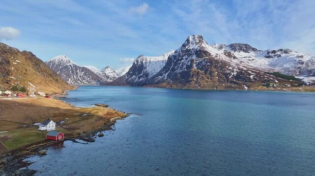 Aerial view of Lofoten Islands beautiful landscape during winter