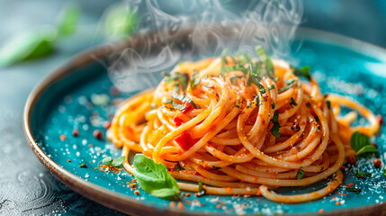 A steaming plate of spaghetti with tomato sauce, garnished with basil and cheese, concept of a delicious Italian meal. Space for text