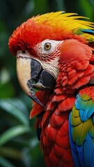 Fototapeta premium Red macaw on a branch, tropical forest in the background, wildlife concept.