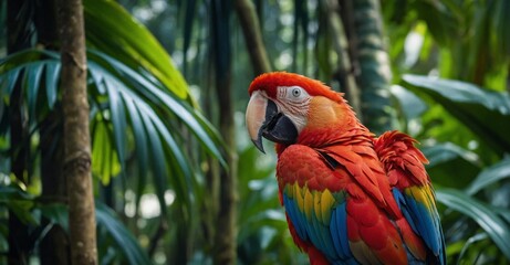Obraz premium Red macaw on a branch, tropical forest in the background, wildlife concept.