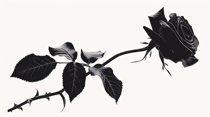 Monochrome floral art illustration of a rose silhouette, isolated on white background