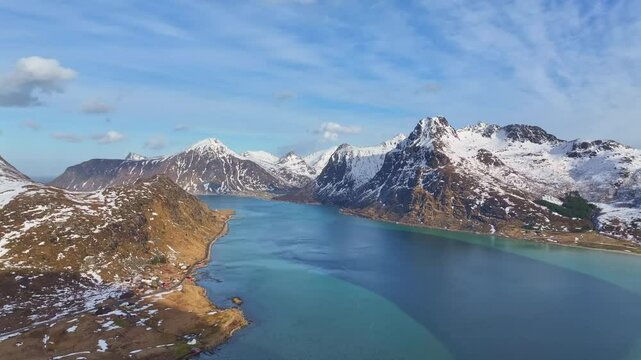 Aerial view of Lofoten Islands beautiful landscape during winter