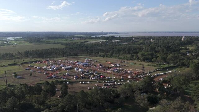 Aerial view of forest farmer market preparing for sales on a nice sunny day. Misiones Posadas Miguel Lanús, Argentina