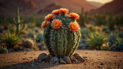 Landscape with desert cactus with flowers, desert in the background.