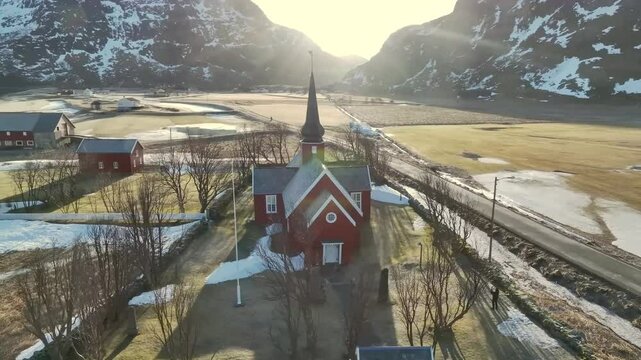 Aerial view of Lofoten Islands beautiful landscape during winter