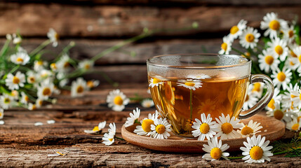 Glass cup of chamomile tea with fresh chamomile flowers on wooden background. Relaxing and soothing herbal tea concept