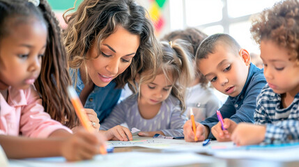 A teacher surrounded by diverse children, guiding them in a fun learning activity at a classroom table. The atmosphere is focused and joyful