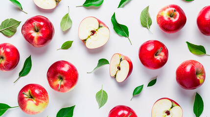 Naklejka premium Red apples and green leaves arranged on a white background, perfect for fresh produce or health-related themes. Space for text copy space