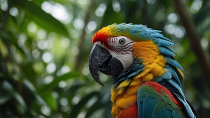Fototapeta premium Macaw on a branch, tropical forest in the background, wildlife concept.