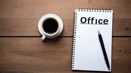 Notepad on wooden table with the word office written on the notepad, business concept.