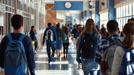 Fototapeta premium Busy school hallway filled with students during the day