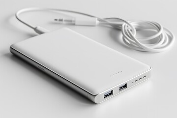 Sleek White Power Bank with USB Ports and Charging Cable