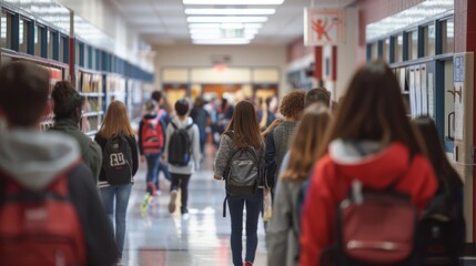 Students walking down a high school hallway during the day