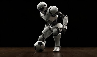 Fototapeta premium soccer player robot kicking ball. robot action. Ai robot