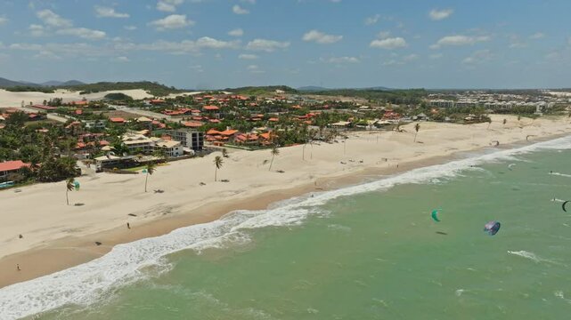 Wide drone shot of the touristic kitesurf beach in Cumbuco Brazil