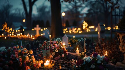 Illuminated graves in a cemetery at twilight