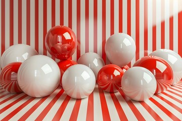 Naklejka premium Vibrant Red and White Spheres on Striped Background