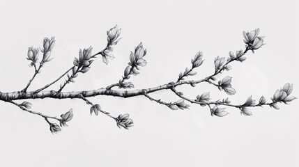 Organic sketch of a tree branch with budding leaves, on white background