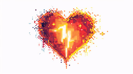 Pixelated heart with lightning, 8-bit style, on white background