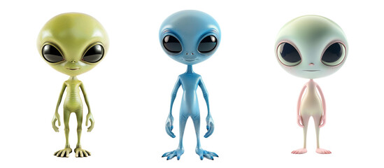 Three cute alien characters with large eyes and different colors transparent background