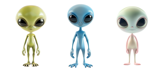 Three cute alien characters with large eyes and different colors transparent background
