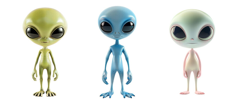 Three cute alien characters with large eyes and different colors transparent background