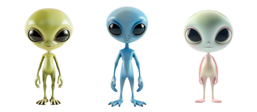 Three cute alien characters with large eyes and different colors transparent background