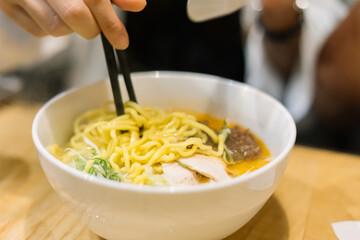 Close up of ramen noodles in bowl