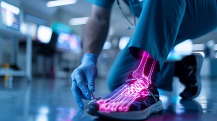 Fototapeta premium Medical professional examining a high-tech digital representation of a foot's skeletal structure in a modern clinic.