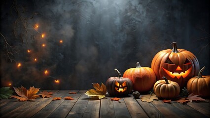 Jack-o'-lantern on a Wooden Table with Fall Leaves.