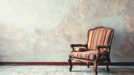 Vintage interior with wooden retro armchair against wall blank space for copy