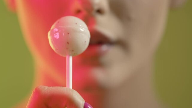 Young woman with blue tongue licks white lollipop, focus rack close-up face