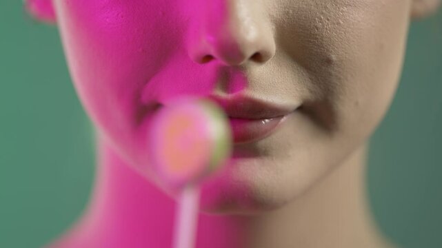 Caucasian woman licks seductively on a lime lollipop, extreme close-up face  