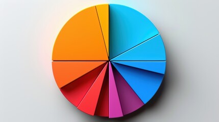 Obraz premium Colorful pie chart with segmented sections representing different data points on a light grey background, ideal for business presentations.