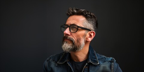 Obraz premium A man with a beard and glasses is wearing a blue jacket. He is looking at the camera with a serious expression