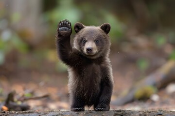Obraz premium Adorable Bear Cub Waving in the Forest