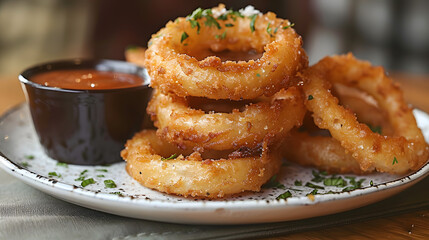 Onion rings in batter with sauce on brown concrete table