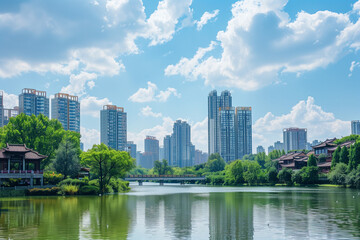 Stunning Chengdu skyline with high-rise buildings against a picturesque backdrop, capturing the city's urban beauty.