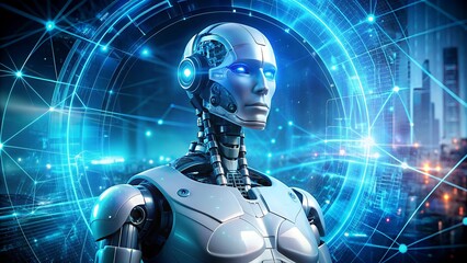 Futuristic Robot with Glowing Blue Circuitry.