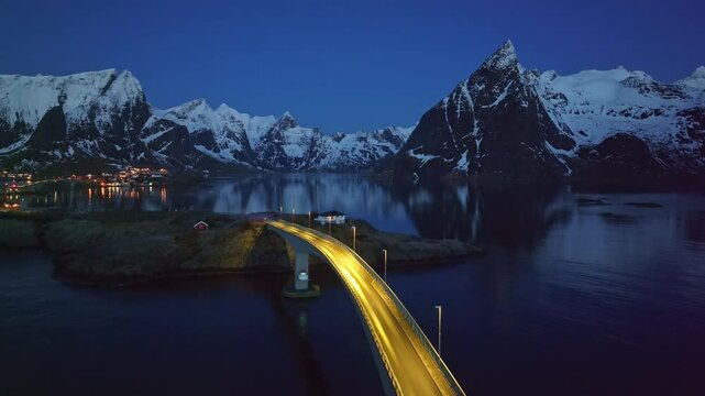 Aerial view of Lofoten Islands beautiful landscape during winter