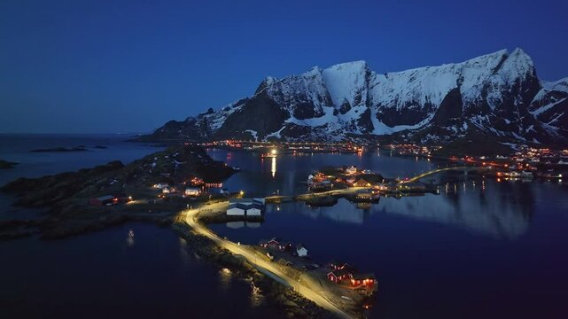 Aerial view of Lofoten Islands beautiful landscape during winter