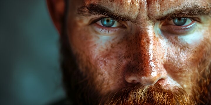 A man with a beard and blue eyes. He has a serious look on his face