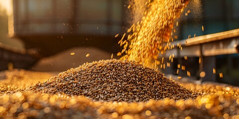 A large pile of grain is being poured out of a silo